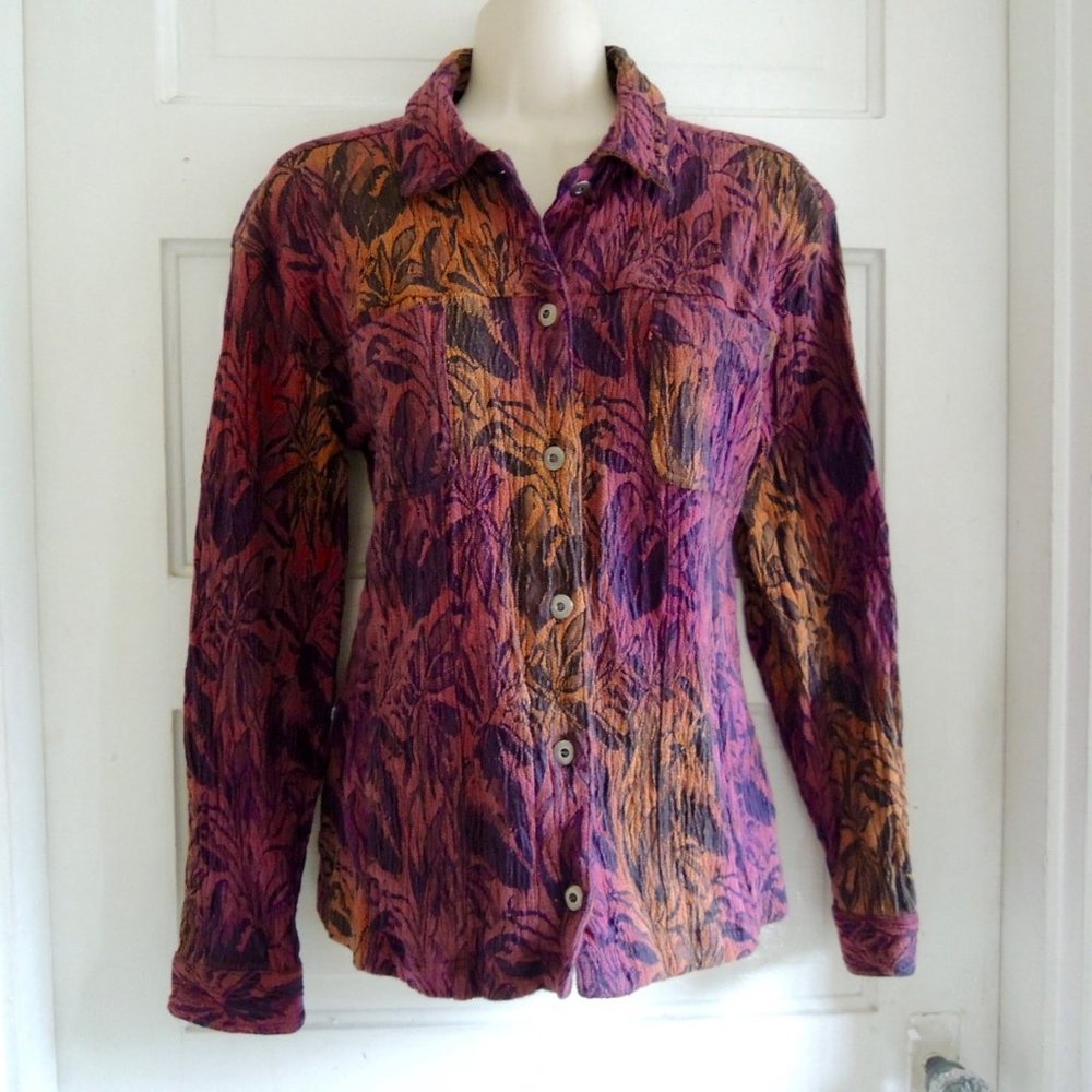 Chico's Purple & Gold Textured Stretch Cotton Floral Tapestry Jacket 0 (S)